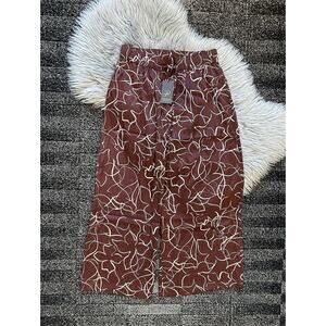 Adrianna Papell Copper Mocha‎ & White Abstract Satin Wide Leg Pants Medium NWT